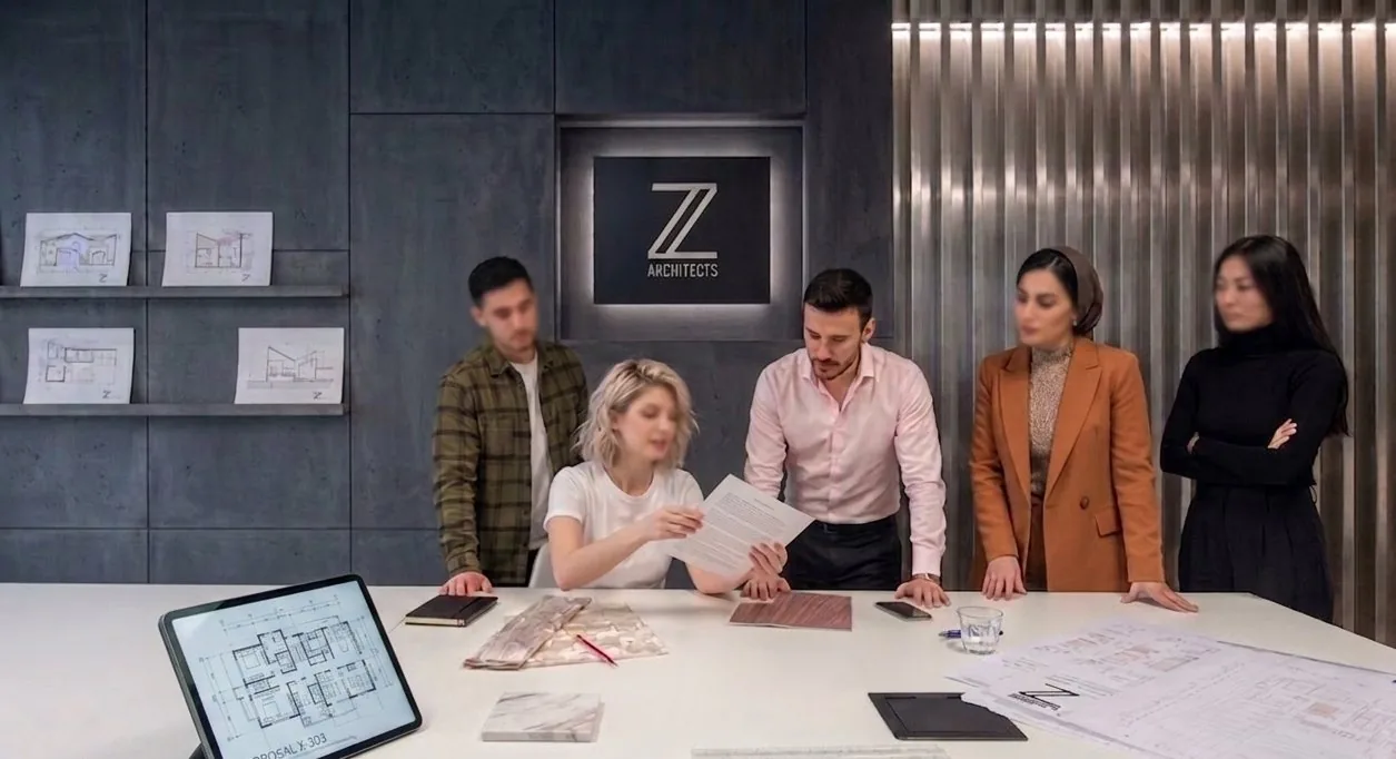 The ZIDANE Architects team reviewing drawings in the Aleppo studio