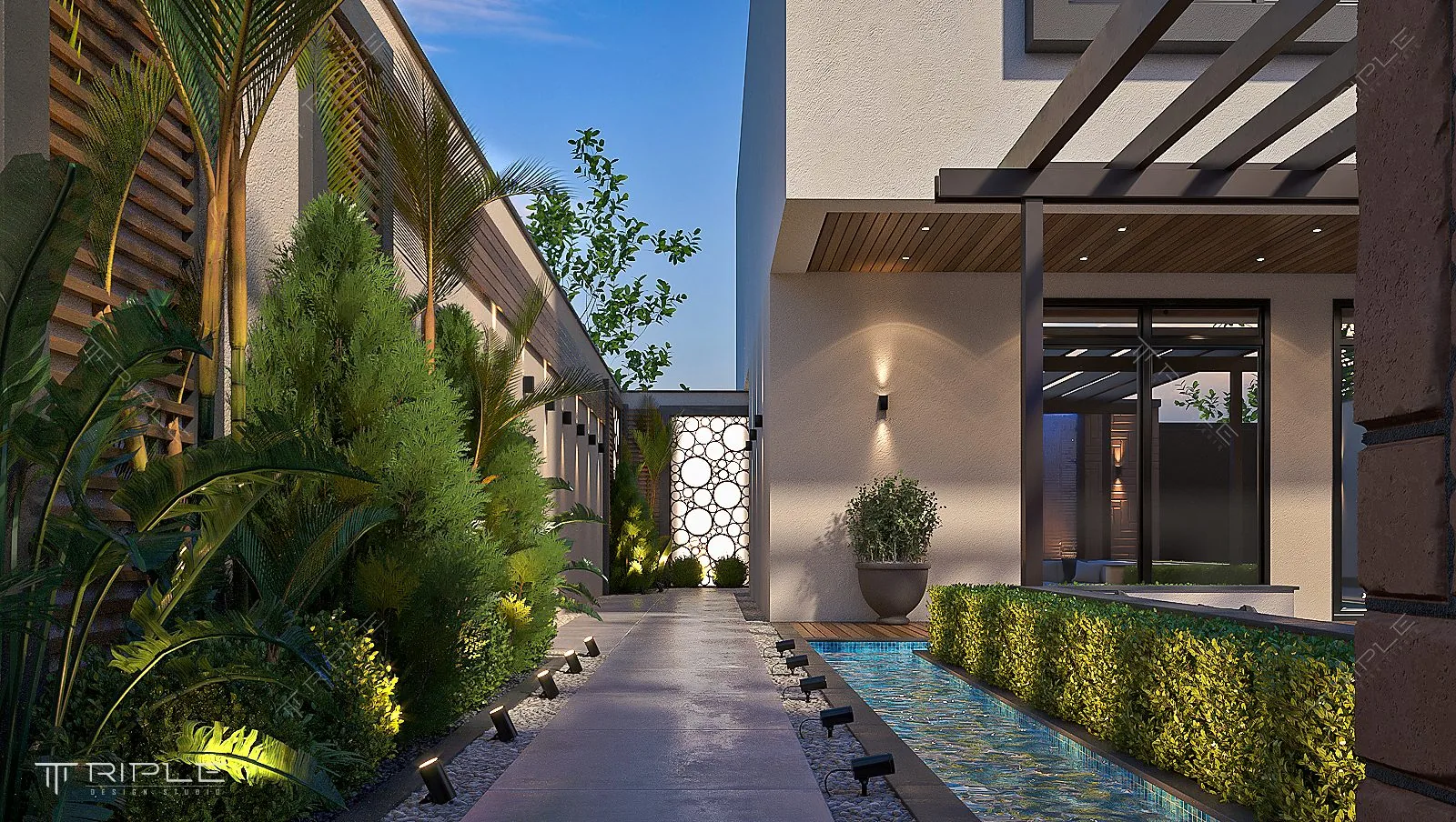 Garden Spacious House villa landscape and interior design, Istanbul, timber pergola and reflecting pool
