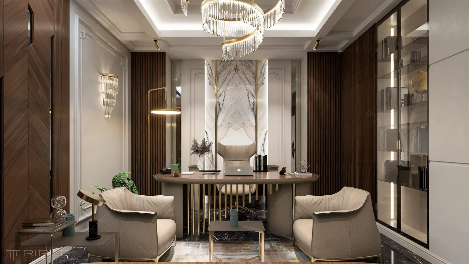 Gozlan CEO Office corporate interior design, Kuyumcukent Istanbul, marble and oak executive suite by ZIDANE Architects