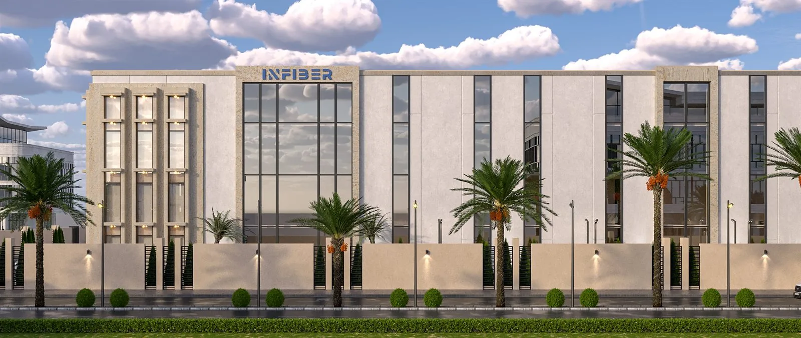Infiber Factory exterior, ground-up industrial building, Aleppo