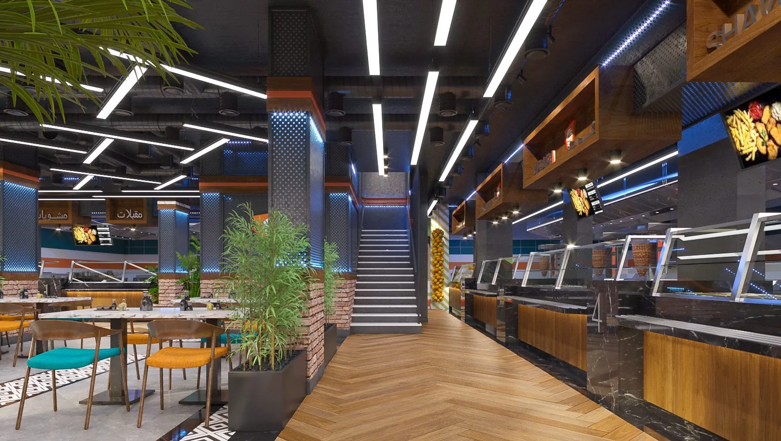 Bayt Al Shawarma restaurant hospitality interior design, Riyadh Saudi Arabia, exposed brick and brass